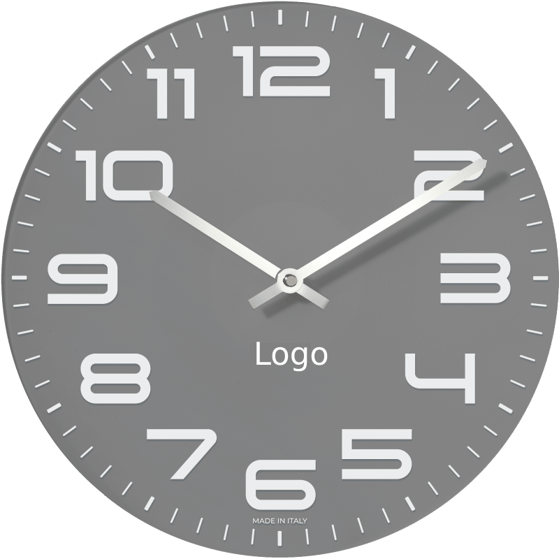 Orologio da parete grigio in vetro personalizzabile con il logo della tua azienda